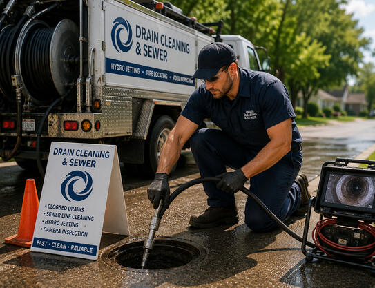 Drain and sewer technician performing a service