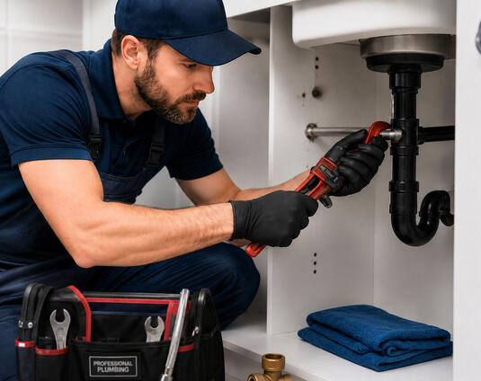 Professional plumber completing a service call