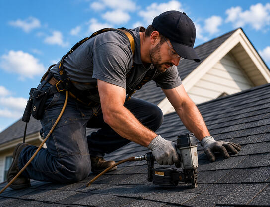 Roofing contractor working on a residential roof